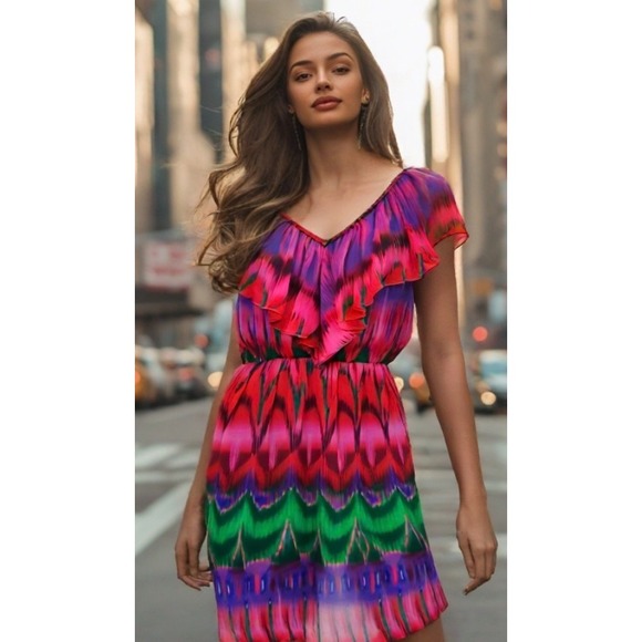 Trina Turk Silk Dress Ruffle Front V-Neck Elastic Waist Pink Print Size Small - Picture 1 of 9